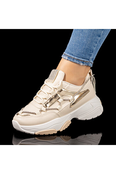 Modlet.ro Pantofi sport cu șireturi bej și aurii pentru femei MOD10358