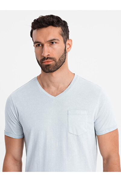 OMBRE Men's cotton V-neck knit t-shirt with wash effect - grey V8 OM-TSWT-0242 M