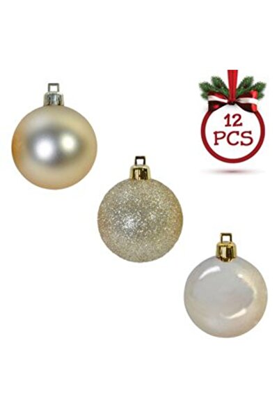 Jumbo Set Globuri de Craciun Bej Mat Stralucitoare Glitter Ø5 cm - 12 buc