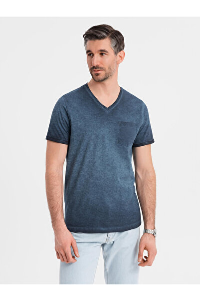 OMBRE Pánské bavlněné pletené tričko s výstřihem do V a sepraným efektem - tmavě modré V7 OM-TSWT-0242 XL