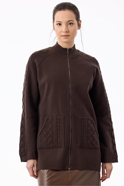 Tığ Triko Cepleri Saç Örgülü Fermuarlı Hırka KAHVE