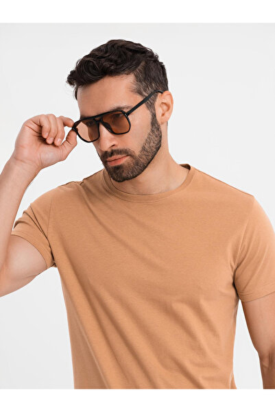 OMBRE Ανδρικό κλασικό βαμβακερό μπλουζάκι BASIC - καφέ V21 OM-TSBS-0236 S