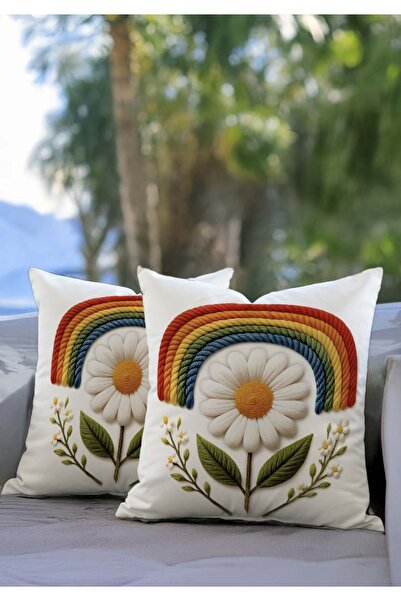Pillow Home Rainbow Daisy Embroidery Look Digital Printed Decorative 2-Piece Throw Pillow Cover Set