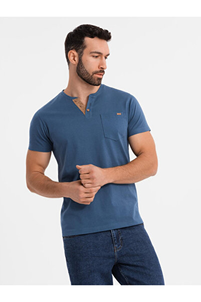 OMBRE Tricou bărbătesc cu decolteu cu nasturi și garnitură din piele întoarsă - albastru închis V2 OM-TSCT-0206 S