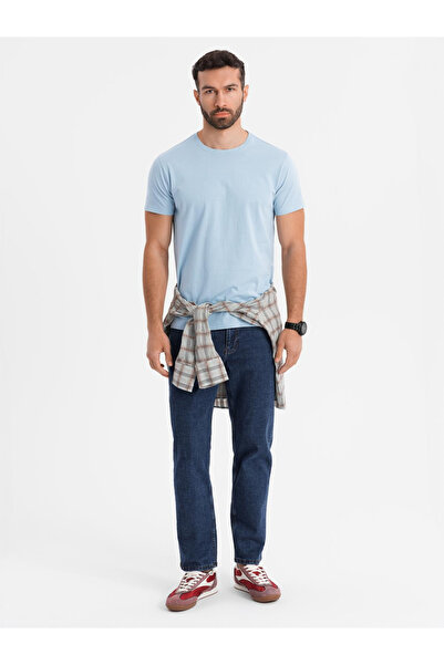 OMBRE Pánske klasické bavlnené tričko BASIC - svetlomodré V19 OM-TSBS-0236 S