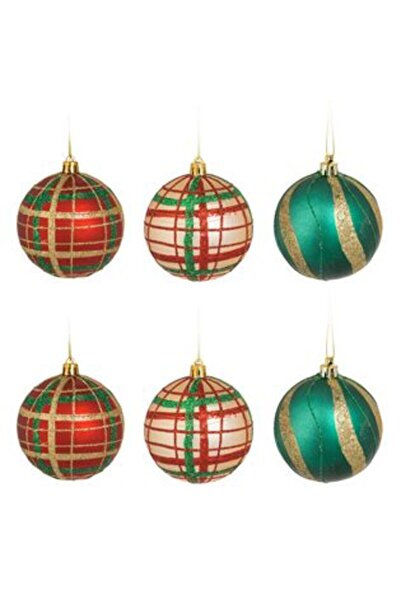 Craciun Set of Red Green Beige Checkered Glitter Globes Ø8cm - 6pcs