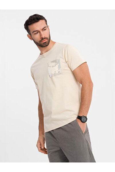 OMBRE Ανδρικό βαμβακερό μπλουζάκι με τύπωμα τσέπης - κρεμ V3 OM-TSPT-0228 S