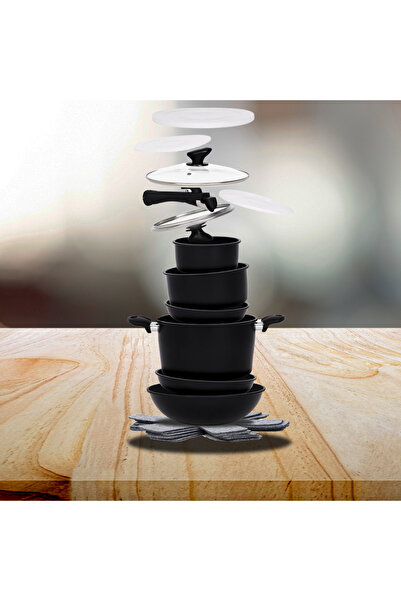 Extramall Set oale pentru gatit si tigai 17 piese negre antiaderente cu maner detasabil, toate plitele