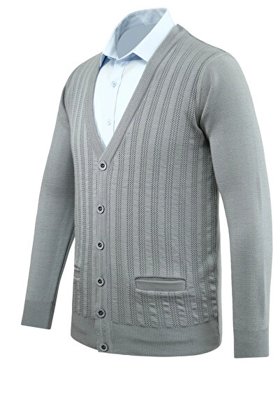 Çizgi Triko Men's Buttoned Cardigan with Pockets Patterned Steel Knit Classic Fit - 5203m