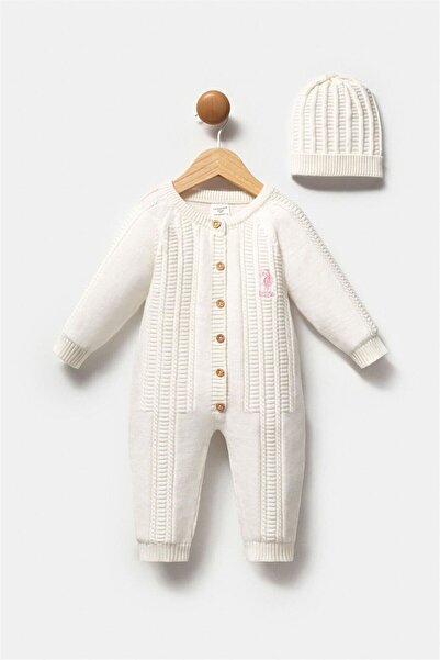 U.S. Polo Assn. Kız Bebek Şapka Tulum Takım Ekru USB2784
