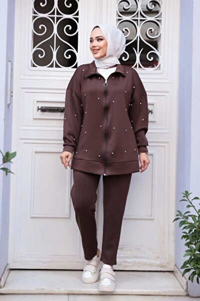 N.S NEVA STYLE Zippered Brown Hijab Double Set 12401Kkh