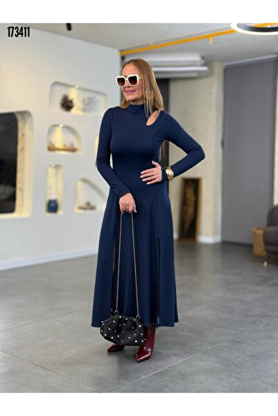 Modayakamoz Yeni Sezon Balıkçı Yaka Kadın Uzun Elbise Damla Detaylı Yırtmaçlı...