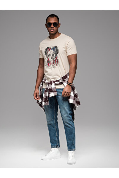 OMBRE Ανδρικό βαμβακερό μπλουζάκι με τύπωμα σε στυλ ροκ - κρεμ V1 OM-TSPT-0199 M