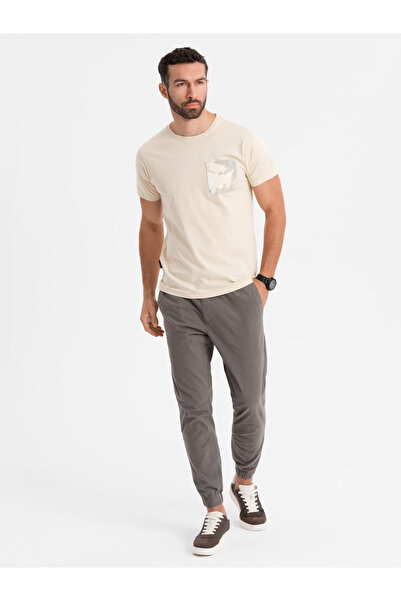 OMBRE Ανδρικό βαμβακερό μπλουζάκι με τύπωμα τσέπης - κρεμ V3 OM-TSPT-0228 S