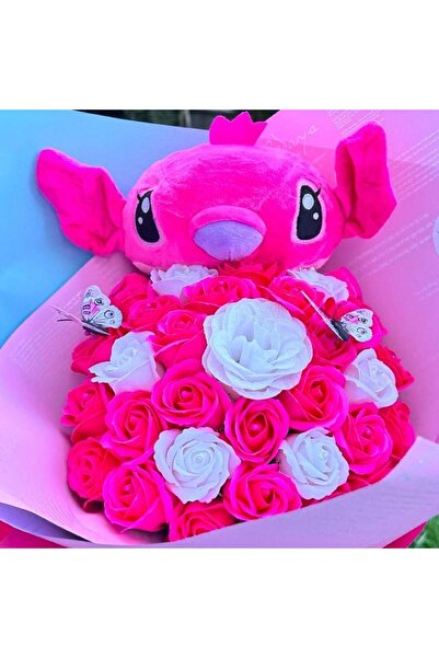 velve Buchet premium Stitch cu 35 trandafiri de sapun si fluturasi, Roz-Alb