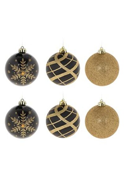 Jumbo Set Christmas Balls Black and Gold with Glitter Flakes Stripes Ø8 cm - 6 pcs