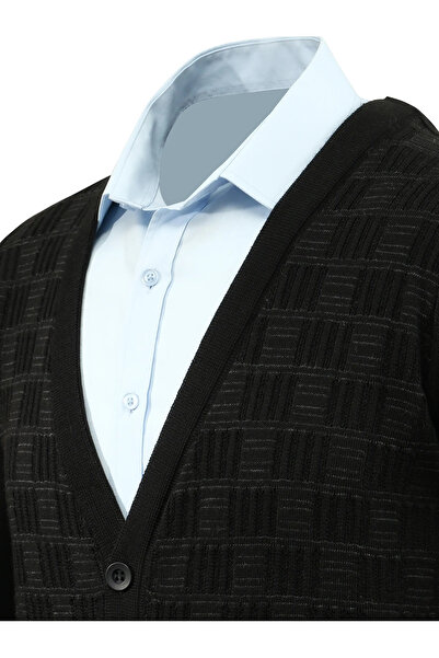 Çizgi Triko Men's Buttoned Cardigan with Pockets, Crinkled Steel Knit, Classic Fit - 5215m