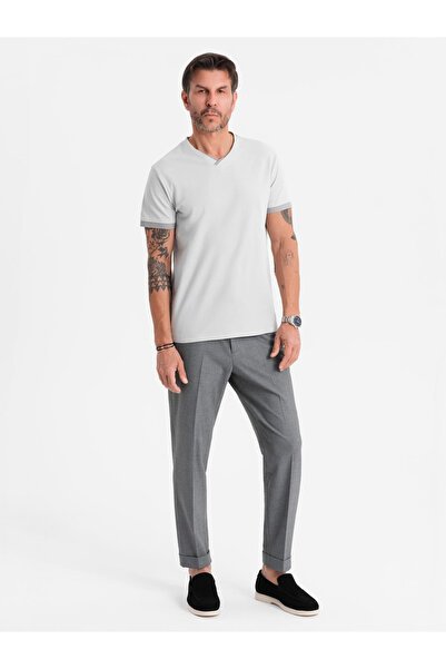 OMBRE Pánské tričko s kontrastními vsadkami a kulatým výstřihem - světle šedé V4 OM-TSCT-0198 S