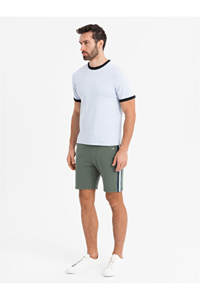 OMBRE Pánské teplákové kraťasy s lemováním a stahovací šňůrkou v pase - olivově zelené V2 OM-SRSK-0156 XL