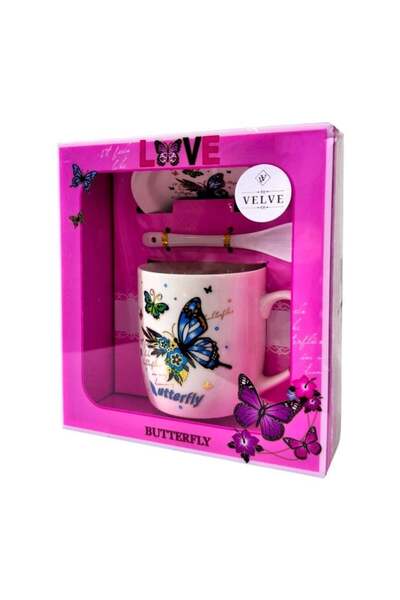 velve Set cana ceramica, farfurie si lingurita, Butterfly, ambalata in punga ...