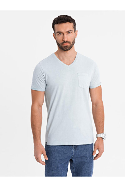 OMBRE Men's cotton V-neck knit t-shirt with wash effect - grey V8 OM-TSWT-0242 M