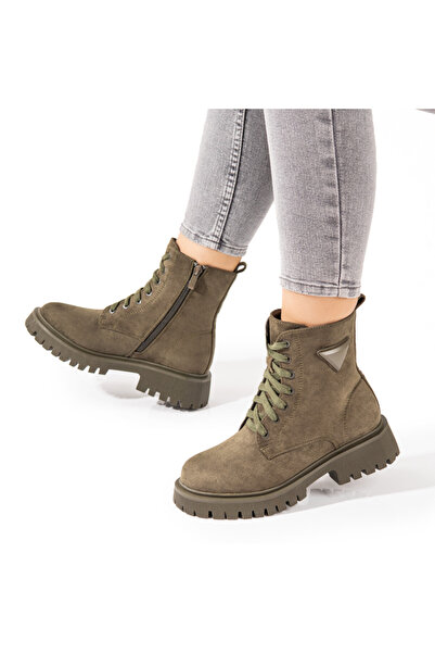 Modlet.ro Women's green suede lace-up boots with zipper MOD10714