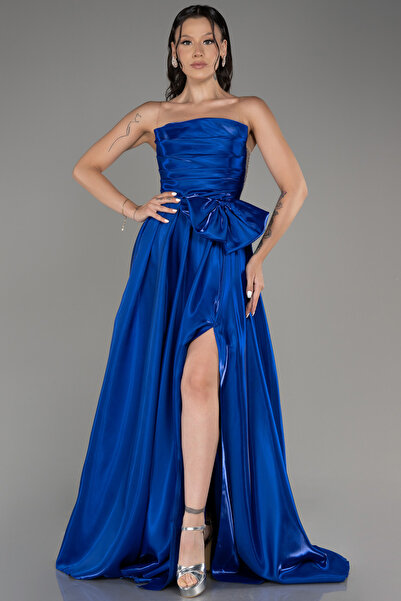 Abiyefon Saks Mavi Straplez Bacak Dekolteli Uzun Tafta Abiye ABU4015