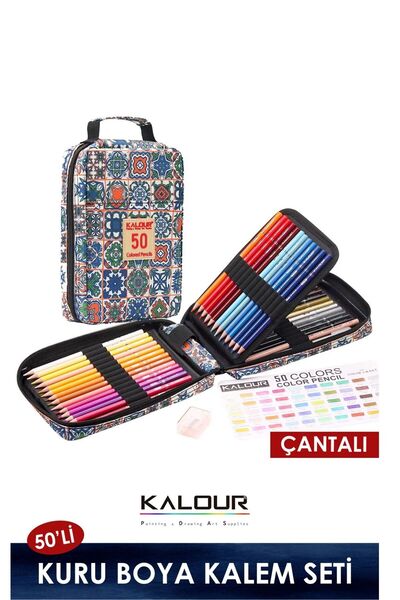 kalour Kuru Boya Kalem Seti 50 Renk, Çantalı (Defter+Blender ve jel Kalem+Kal...