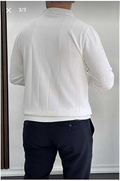 LİBASSİNİ Men's Half Zip Polo Neck Seasonal Sweater White