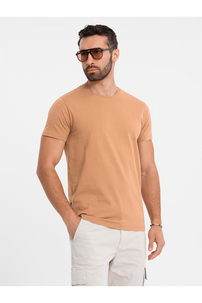 OMBRE Pánské klasické bavlněné tričko BASIC - hnědé V21 OM-TSBS-0236 S