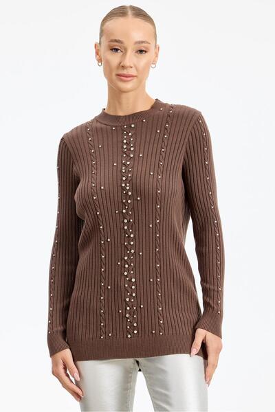 Tığ Triko Taş Detaylı Saç Örgülü Tunik KAHVE