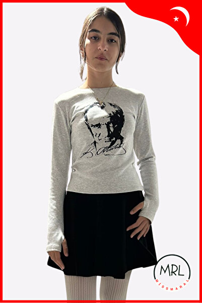 missmaral Body cu mânecă lungă din viscoză pentru fetiță – 29 octombrie, imprimeu Atatürk, elastic din lycra, cu fixare la degete