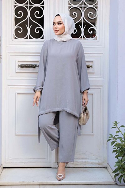N.S NEVA STYLE Gray Hijab Double Set 65876Gr