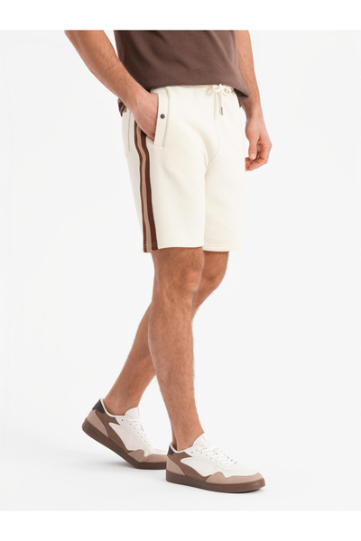 OMBRE Ανδρικό σορτς φόρμας με ριγέ τελείωμα και κορδόνι στη μέση - κρεμ V3 OM-SRSK-0156 L