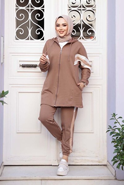 N.S NEVA STYLE Zippered Brown Hijab Double Set 20135Kh
