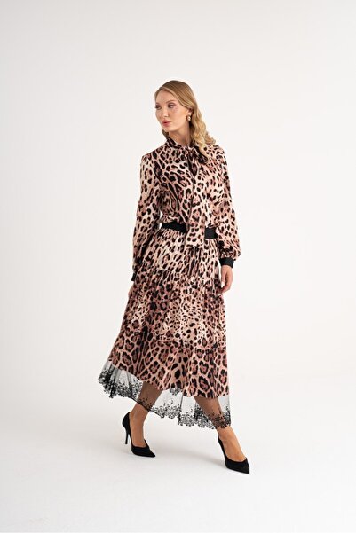 SERPİL Leopar Desenli Tül Detaylı Uzun Etek 40367