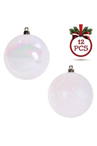 Jumbo Set Globuri de Craciun Albe Stralucitoare Glitter Ø8 cm - 12 buc