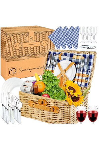 Other Coș de picnic din răchită pentru 4 persoane, tacâmuri, pahare, cadou de Ziua Tatălui