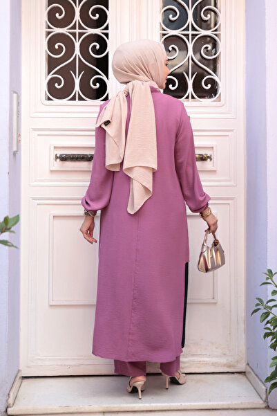 N.S NEVA STYLE Block Color Detailed Dusty Rose Hijab Double Set 65881Gk