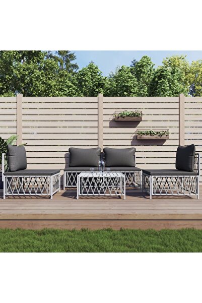vidaxl طقم صالة حديقة من 5 قطع مع وسائد من الفولاذ الأبيض
