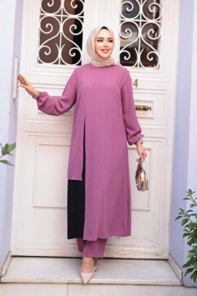 N.S NEVA STYLE Block Color Detailed Dusty Rose Hijab Double Set 65881Gk