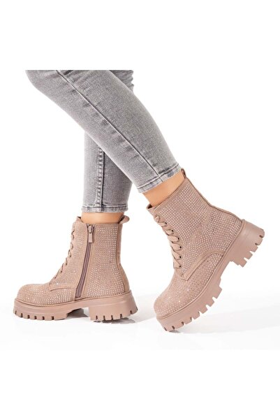 Modlet.ro Women's light khaki suede boots with metallic details MOD10713