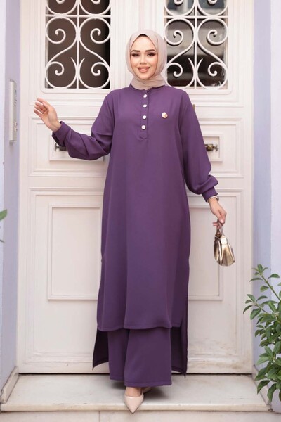N.S NEVA STYLE Button Detailed Lilac Hijab Double Set 76641Lila