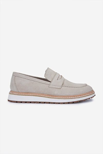 Valmenti Erkek Hakiki Deri Bej Süet Loafer Ayakkabı