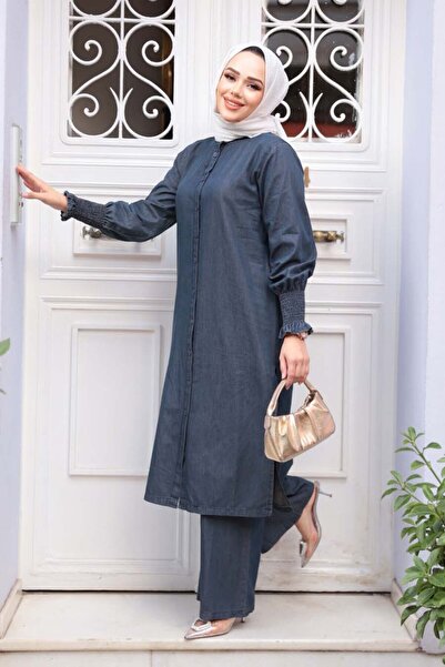 N.S NEVA STYLE Τζιν Navy Blue Hijab Διπλό Σετ 13082L