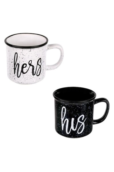 SHOPIENS Set 2 căni ceramice cu mesaj His Her's Shopiens®, alb și negru, 330 ml