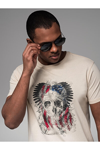 OMBRE Ανδρικό βαμβακερό μπλουζάκι με τύπωμα σε στυλ ροκ - κρεμ V1 OM-TSPT-0199 M