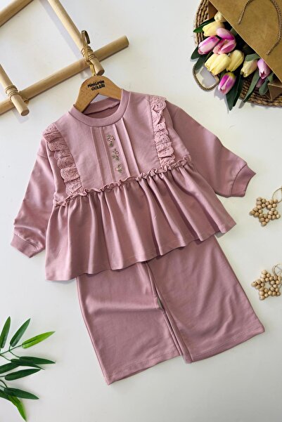 Minigimin Cicileri Costum din bumbac pentru fetiță cu detalii brodate cu flor...