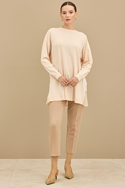 Tığ Triko Kumaş Garnili Triko Tunik BEJ