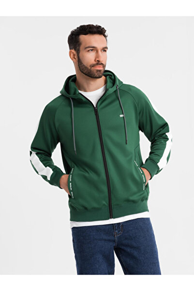 OMBRE Unzipped men's hooded sweatshirt with piping - dark green V7 OM-SSZP-0210 L